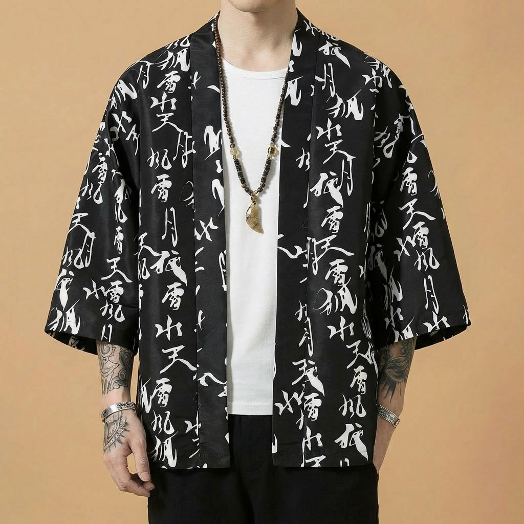 Shodo Kimono in black with calligraphy print, front view