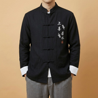 Qingyuan Mandarin Tang Jacket in black with frog buttons, front view