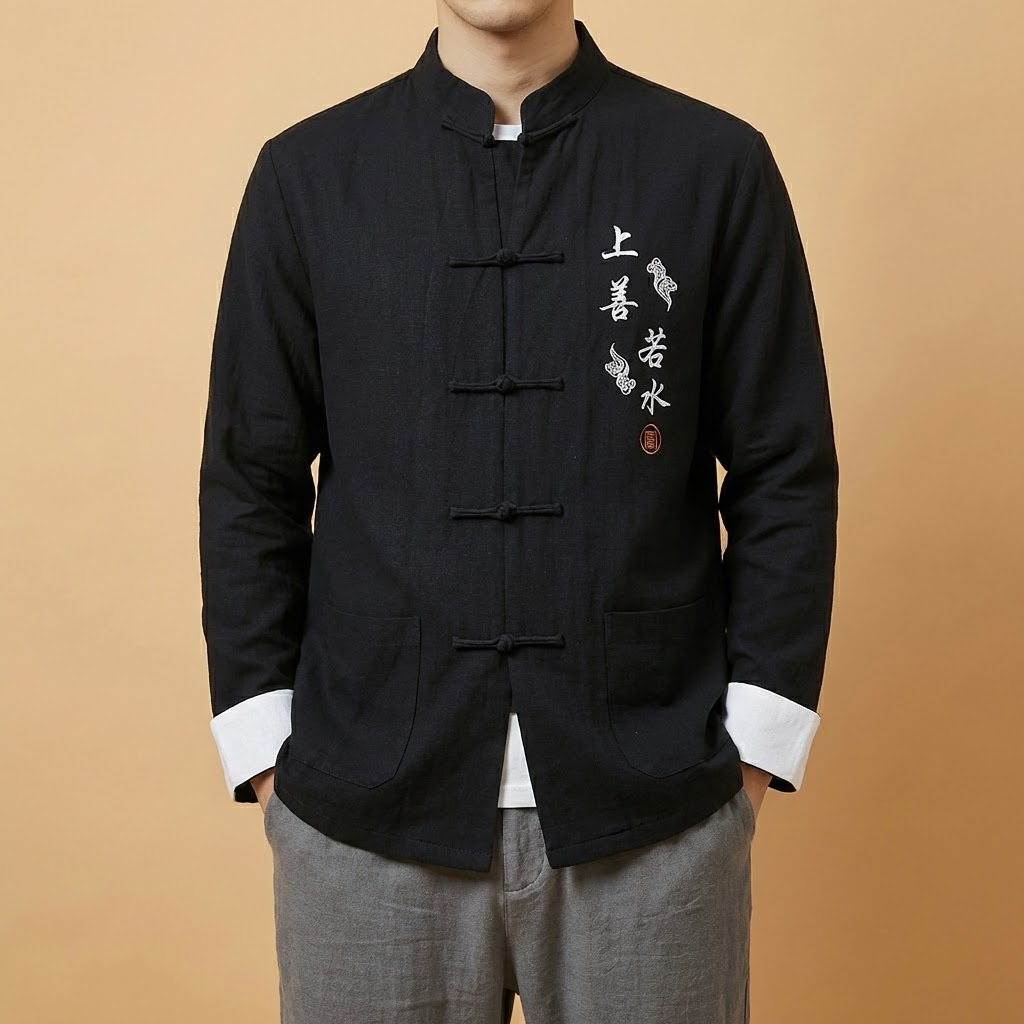 Qingyuan Mandarin Tang Jacket in black with frog buttons, front view