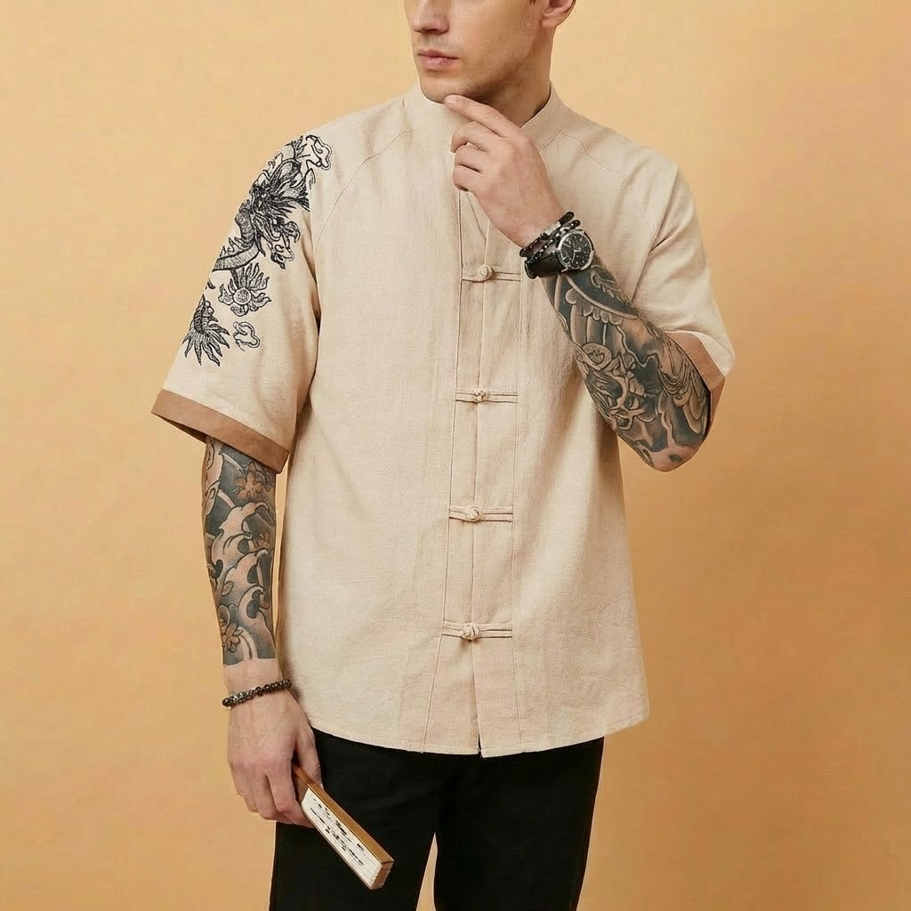 Longwei Mandarin Shirt in beige, short sleeve, front view