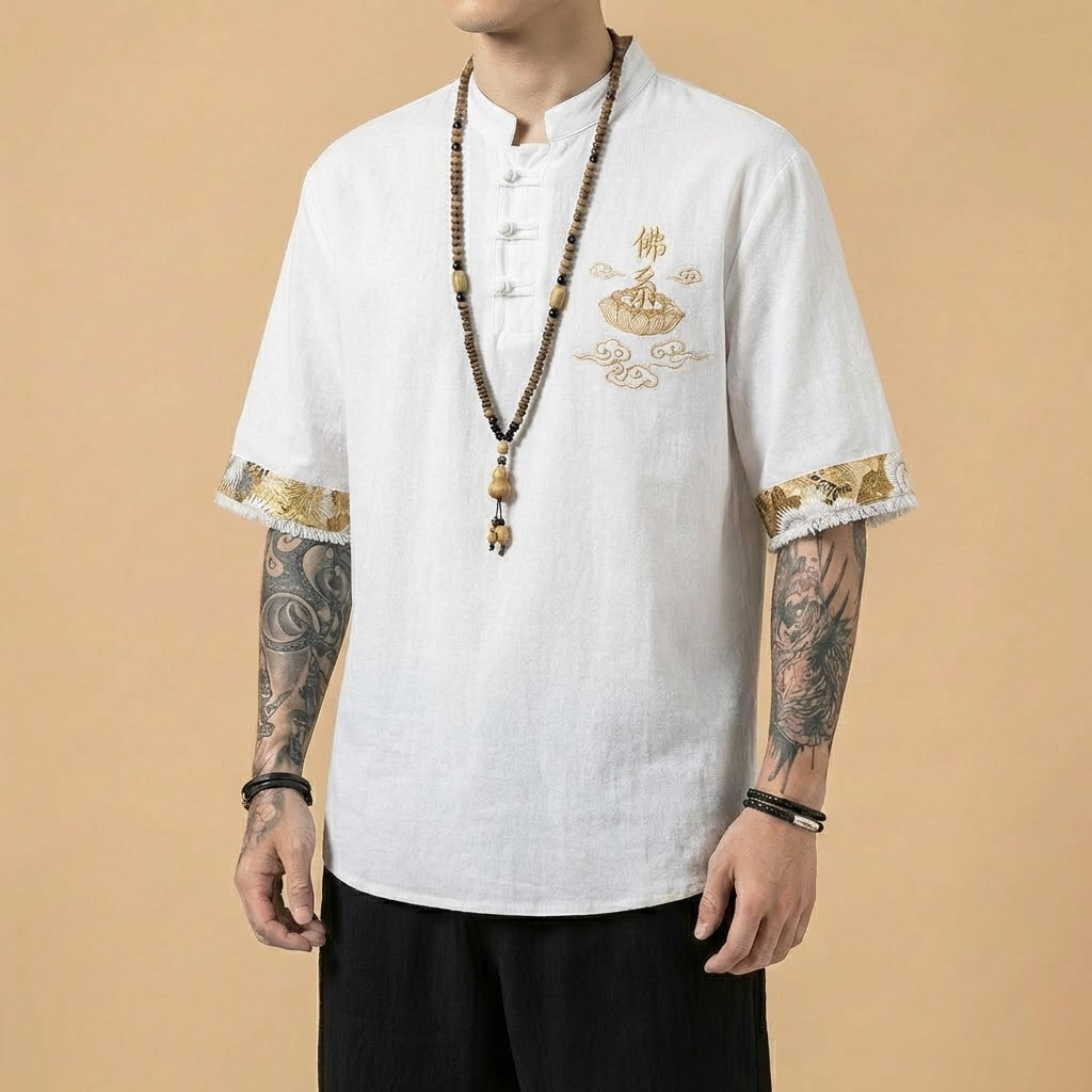 Yulan Mandarin Shirt in white, front view
